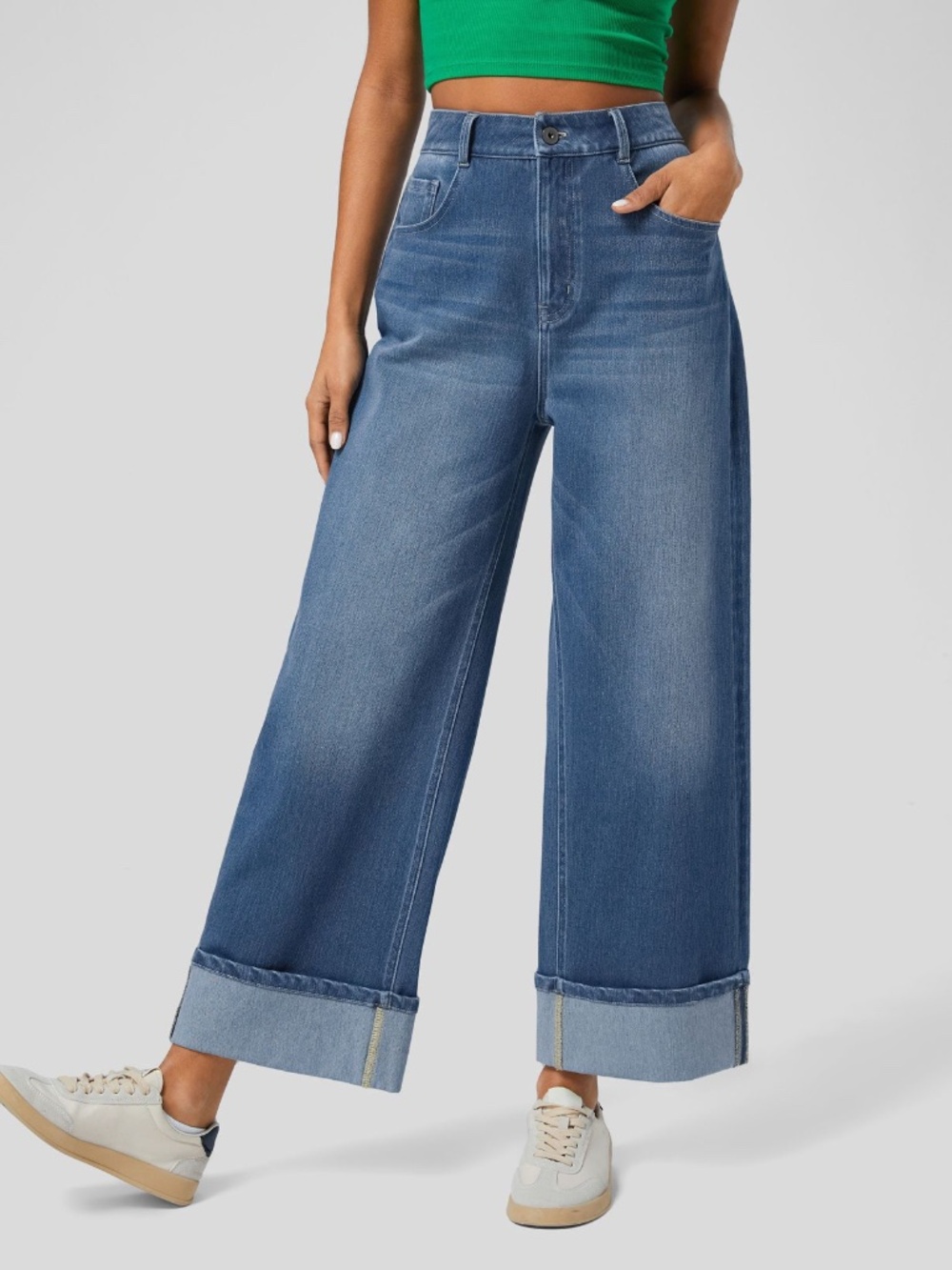 Halara Flex™ High Waisted Rolled Hem Wide Leg Washed Casual Jeans Size M